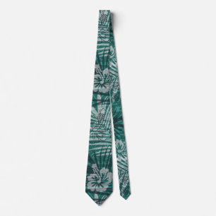 Hawaiian Pattern With Hibiscus Flower Palm Leaves Tie