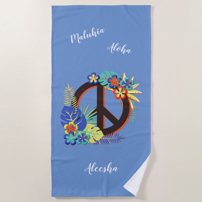 Hawaiian Peace Love Name Personalised Colourful Beach Towel (Front)