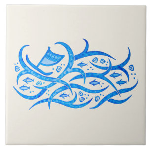 Hawaiian petroglyph Canoe at Sea Ceramic Tile