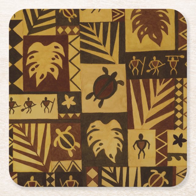 Hawaiian Petroglyph warriors Tiki bar coasters (Front)