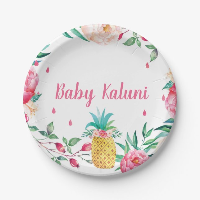 Hawaiian Pineapple Floral Watercolor Shower Plates (Front)