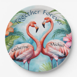 Hawaiian Pink Flamingo Hibiscus Monogram Wedding Paper Plate