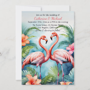 Hawaiian Pink Flamingo Hibiscus QR Code Wedding Invitation