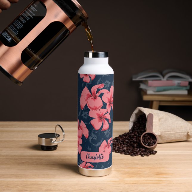 Hawaiian Pink Flowers Cute Floral Pattern Water Bottle (Coffee)