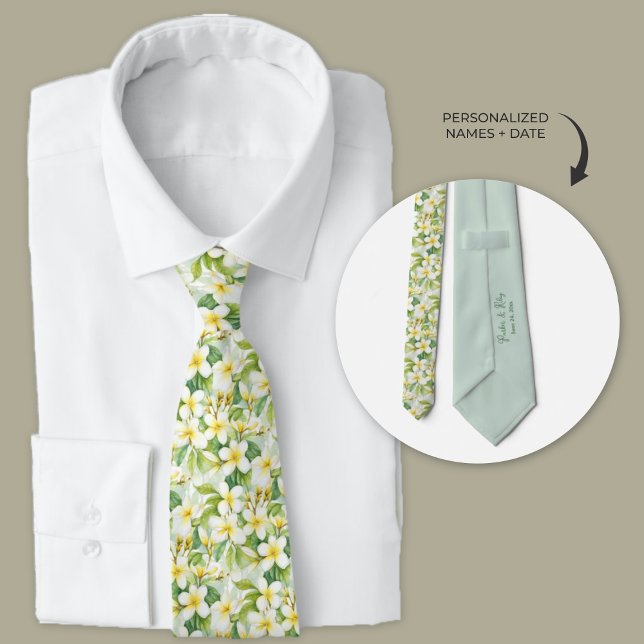 Hawaiian Plumeria Flowers Personalised Tie (Personalized wedding ties - Hawaiian Plumeria flowers)