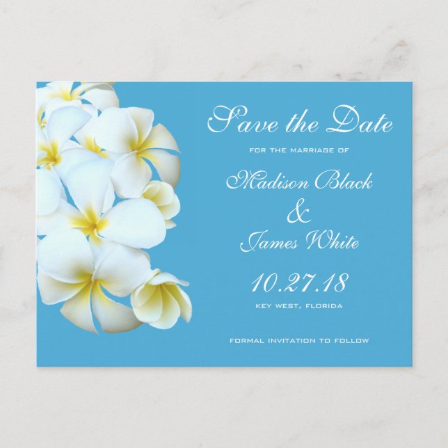 Hawaiian Plumeria Flowers Save the Date Postcards (Front)