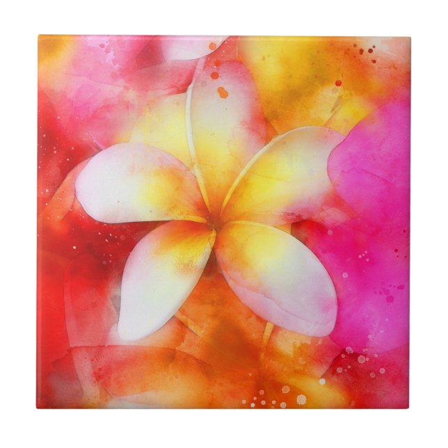 Hawaiian Plumeria in Neon Pink, Yellow, and White Ceramic Tile (Front)