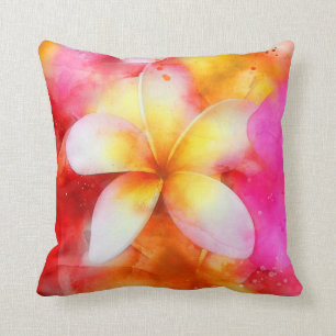 Hawaiian Plumeria in Neon Pink, Yellow, and White Cushion