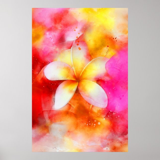 Hawaiian Plumeria in Neon Pink, Yellow, and White Poster (Front)