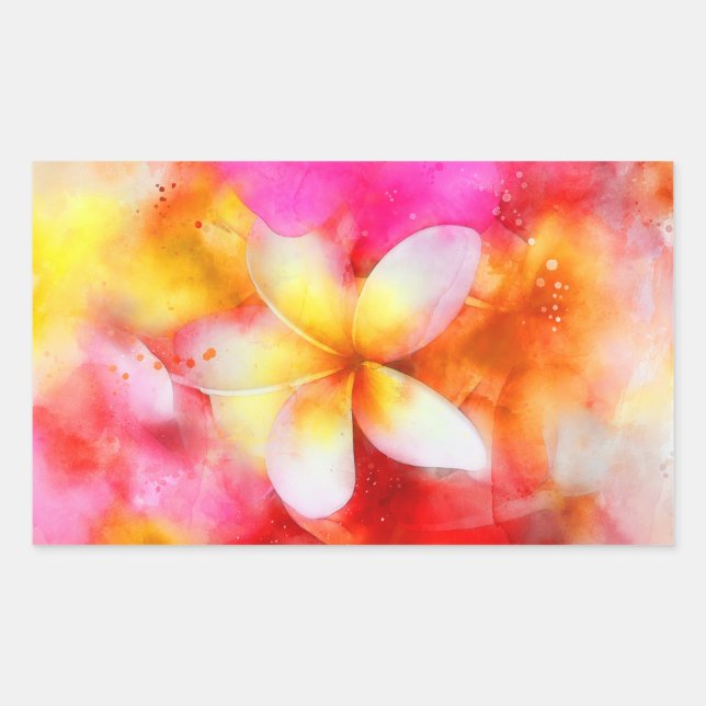 Hawaiian Plumeria in Neon Pink, Yellow, and White Rectangular Sticker (Front)