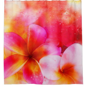 Hawaiian Plumeria in Neon Pink, Yellow, and White Shower Curtain
