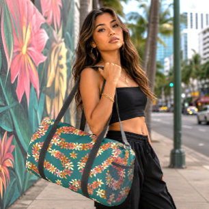 Hawaiian Plumeria Lei Teal Tropical Travel Duffle Bag