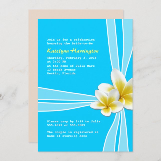 Hawaiian Plumeria on Blue Bridal Shower Invitation (Front/Back)
