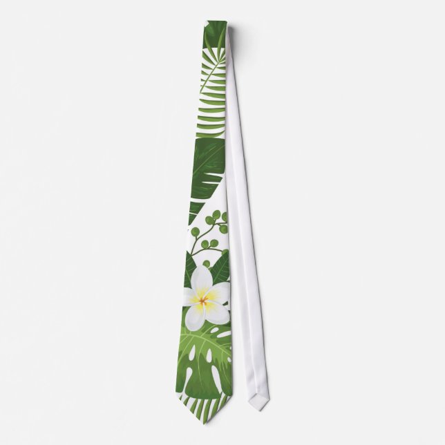 Hawaiian Plumeria Tropical Palm Leaves Summer Tie (Front)
