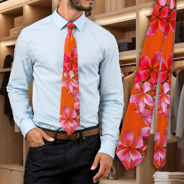 Hawaiian Plumeria Tropical Pink Floral Orange Tie (Creator Uploaded)