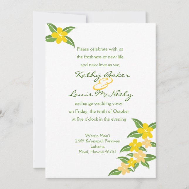 Hawaiian Plumeria Wedding Invitation - 5 x 7 (Front)
