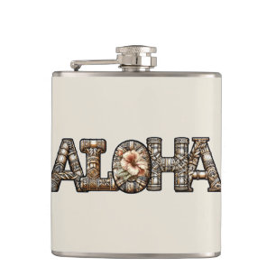 Hawaiian Polynesian Aloha Bamboo Look Hip Flask