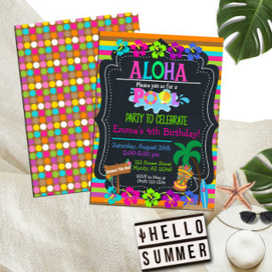 Hawaiian Pool Party Luau Chalkboard Birthday Invitation