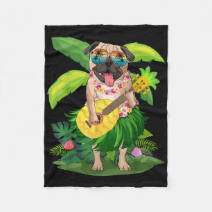 Hawaiian Pug Dog & Pineapple Ukulele Summer Va Fleece Blanket