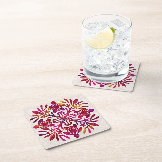 Hawaiian Quilt Honu ( sea turtle ) Square Paper Coaster (Insitu)