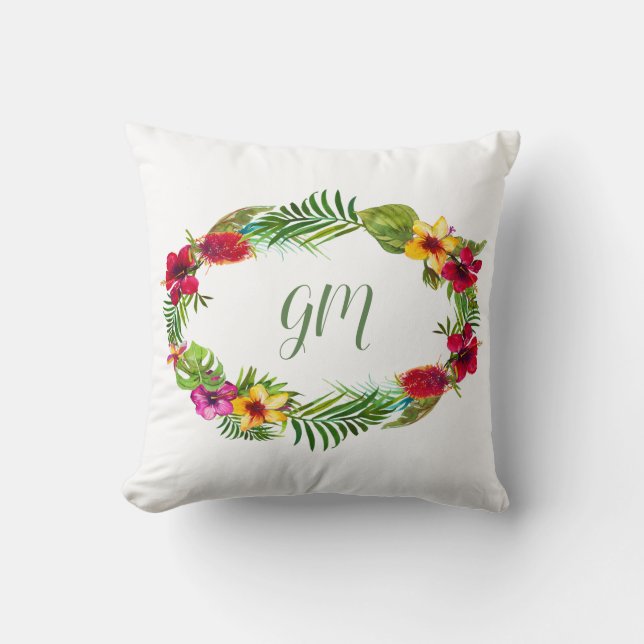 Hawaiian Radiant Tropical Floral Wreath Monogram Cushion (Front)