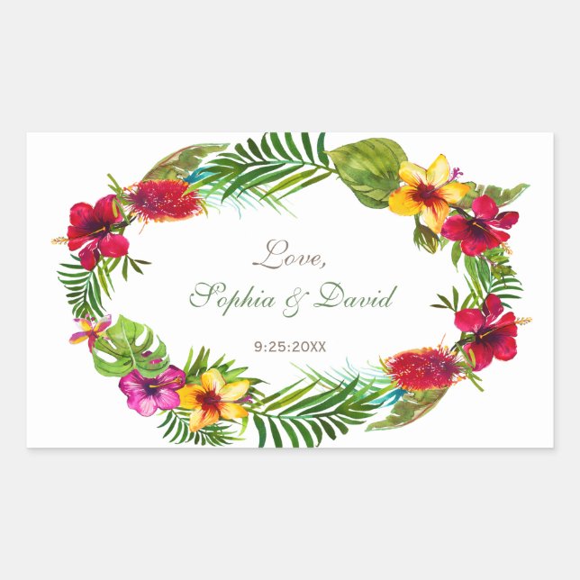 Hawaiian Radiant Tropical Floral Wreath Wedding Rectangular Sticker (Front)