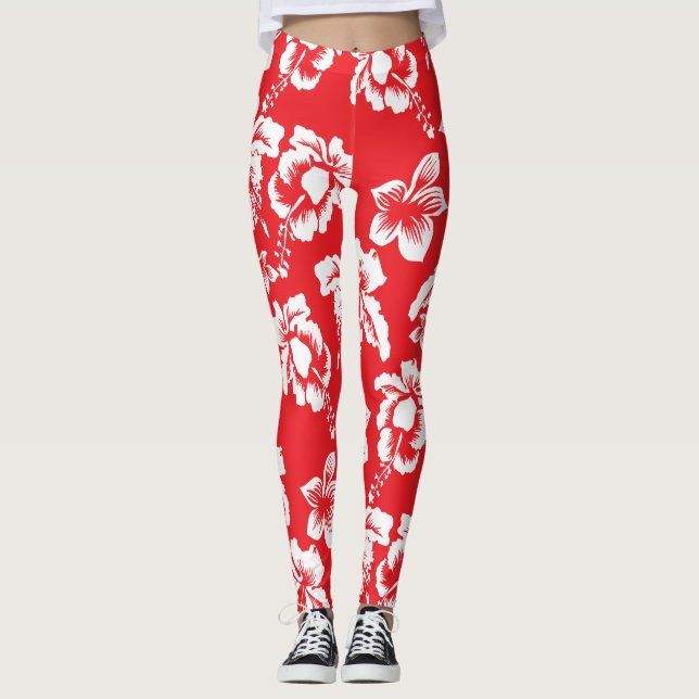 Hawaiian Red Hibiscus Floral Print Leggings (Front)