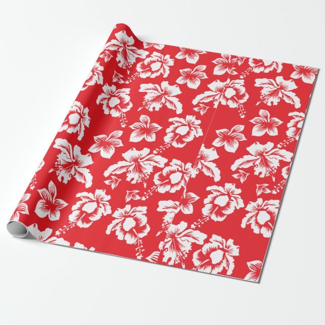 Hawaiian Red Hibiscus Floral Print Wrapping Paper (Unrolled)