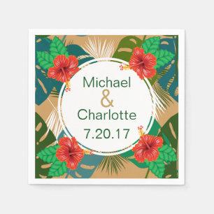 Hawaiian Red Hibiscus Luau Bride & Groom Names Napkin