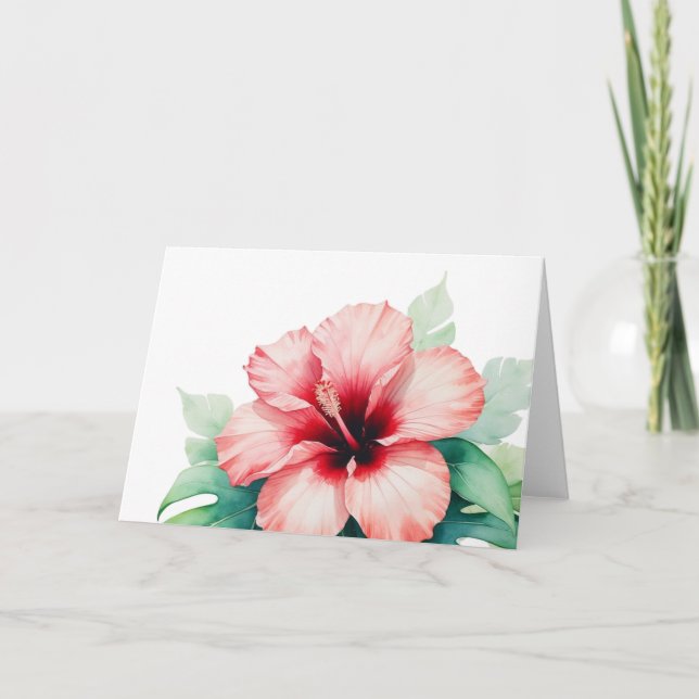 Hawaiian Red Hibiscus with Monstera Hawaii Love Note Card (Front)