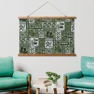 Hawaiian Sailing Canoe and Honu Tapa Hanging Tapestry