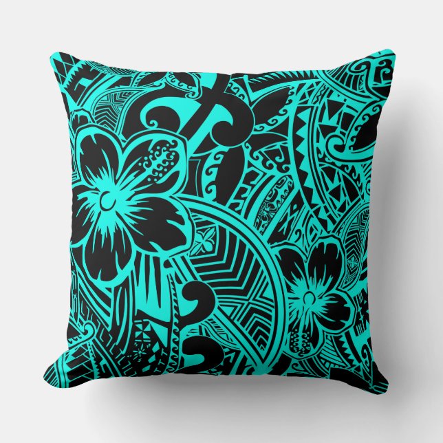 Hawaiian - Samoan - Polynesian Teal Tribal Threads Cushion (Front)