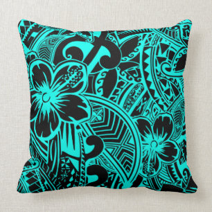 Hawaiian - Samoan - Polynesian Teal Tribal Threads Cushion