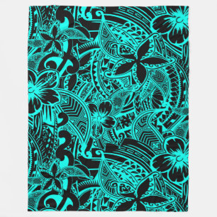 Hawaiian - Samoan - Polynesian Teal Tribal Threads Fleece Blanket