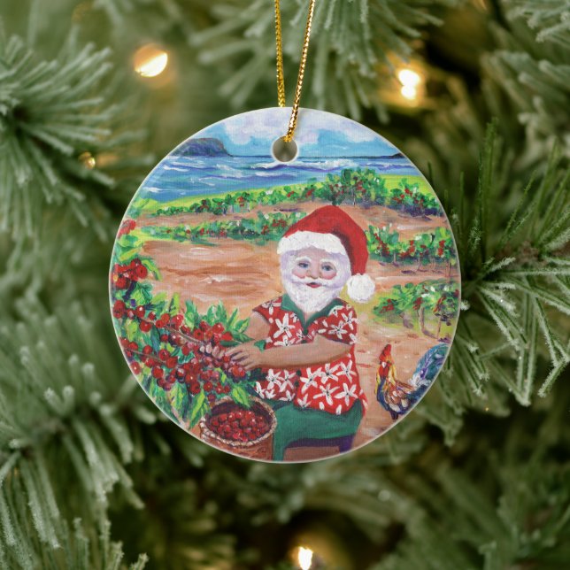Hawaiian Santa Claus and Coffee Mele Kalikimaka Ceramic Ornament (Tree)