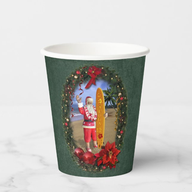 Hawaiian Santa with Surfboard Paper Cups (Front)