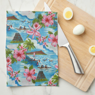 Hawaiian Scenes in Pastel Colours Tea Towel