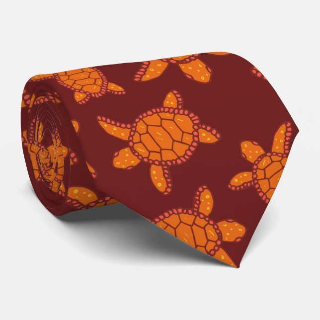 Hawaiian Sea Turtle Burgundy and Orange Wedding Tie (Rolled)