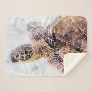 Hawaiian Sea Turtle Realistic Watercolor Sherpa Blanket