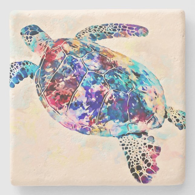 Hawaiian Sea Turtle Watercolor Stone Coaster (Front)