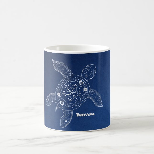 Hawaiian Sea Turtle White on Blue Beach Tropical Coffee Mug (Center)