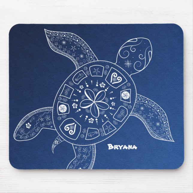 Hawaiian Sea Turtle White on Blue Beach Tropical Mouse Pad (Front)