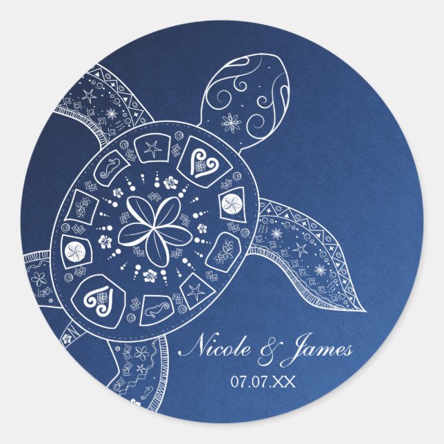 Hawaiian Sea Turtle White on Blue Beach Wedding Classic Round Sticker (Front)