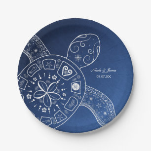 Hawaiian Sea Turtle White on Blue Beach Wedding Paper Plate