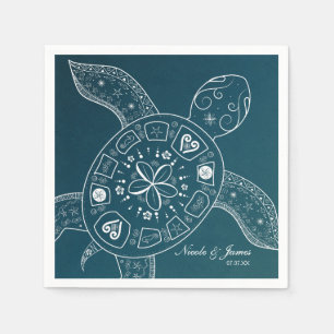 Hawaiian Sea Turtle White on Teal Beach Wedding Napkin