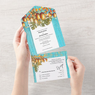 Hawaiian sky lanterns boho wood tropical blue all in one invitation