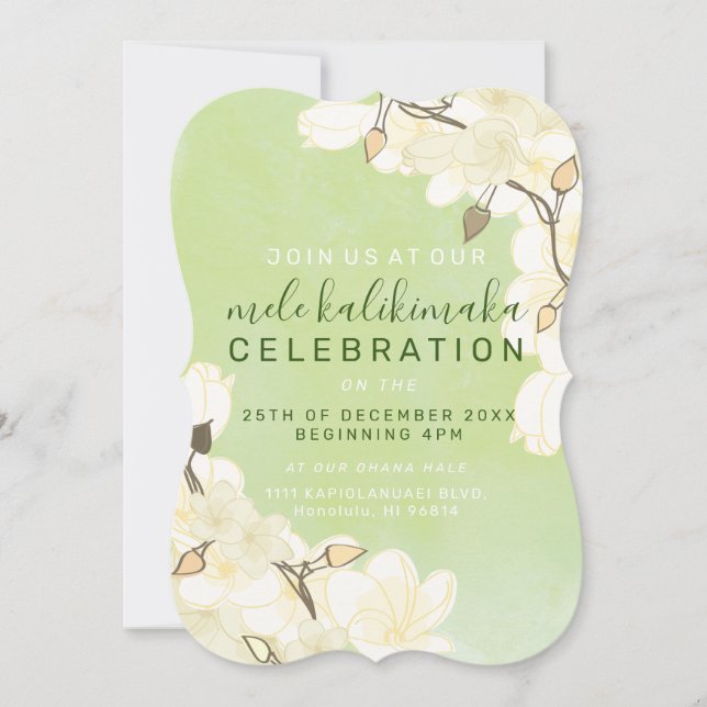 Hawaiian Soft Sun White Flowers Christmas: Green Invitation (Front)