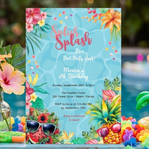 Hawaiian splish splash summer pool birthday bash invitation