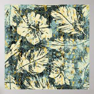 Hawaiian style hibiscus fabric with tribal backgro poster