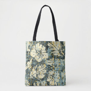 Hawaiian style hibiscus fabric with tribal backgro tote bag
